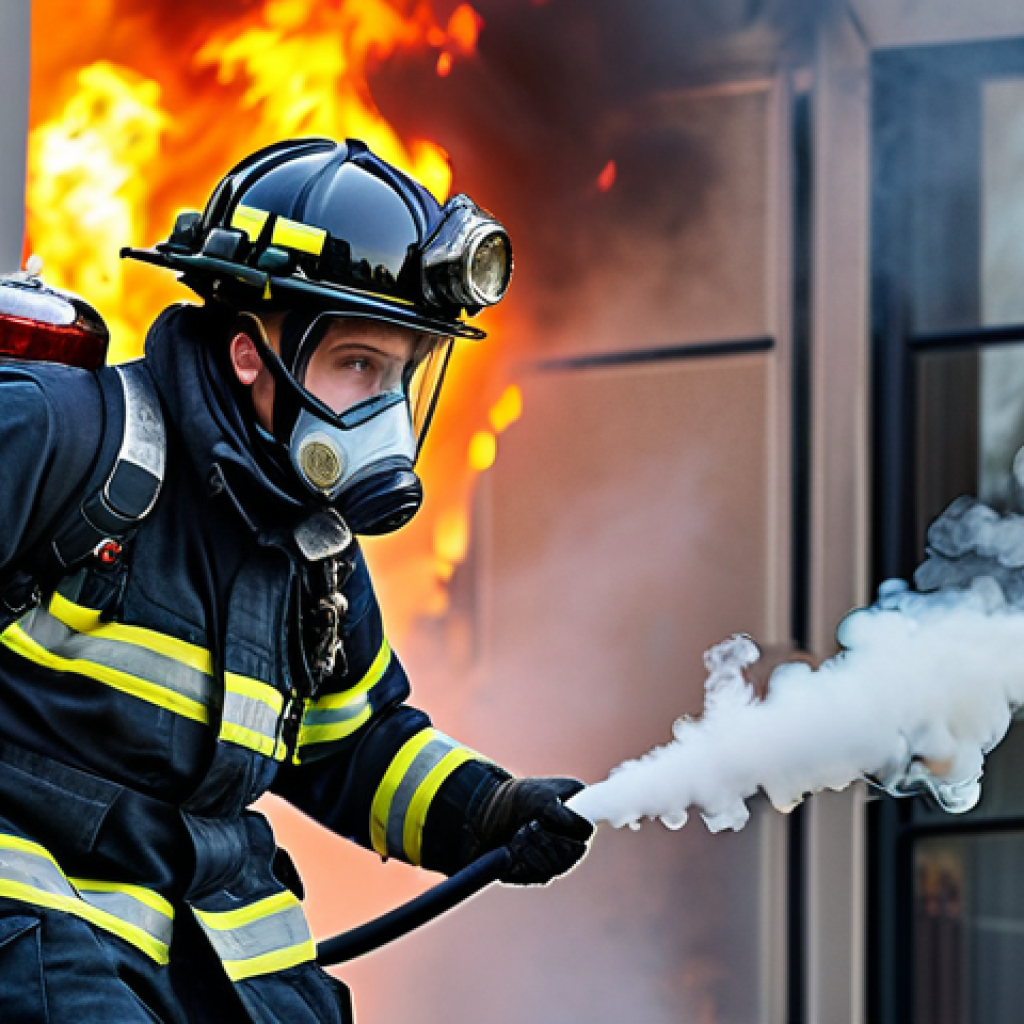**

"A professional firefighter in full protective gear, including helmet and oxygen mask, rescuing a child from a smoke-filled building. Flames visible in the background, but focused on the heroic rescue. Appropriate attire, safe for work, perfect anatomy, natural proportions, action shot, professional photography, high quality."

**