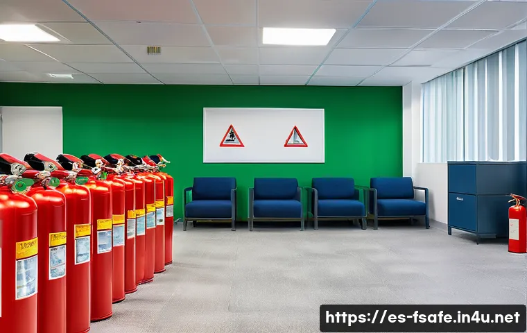 소방안전관리사 시험 최신 출제 경향 - A professional fire safety training scenario set in a modern Spanish office building, showing a dive...