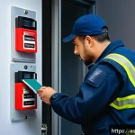 소방안전관리사와 예방정비의 중요성 - A modern commercial building&rsquo;s fire safety inspection scene showing a professional technician in uni...