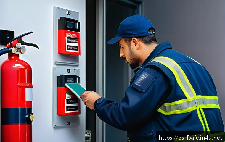 소방안전관리사와 예방정비의 중요성 - A modern commercial building’s fire safety inspection scene showing a professional technician in uni...