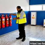 소방안전관리사 초보자를 위한 가이드 - Photorealistic fire safety training session in a modern community center in Madrid, Spain, a beginne...
