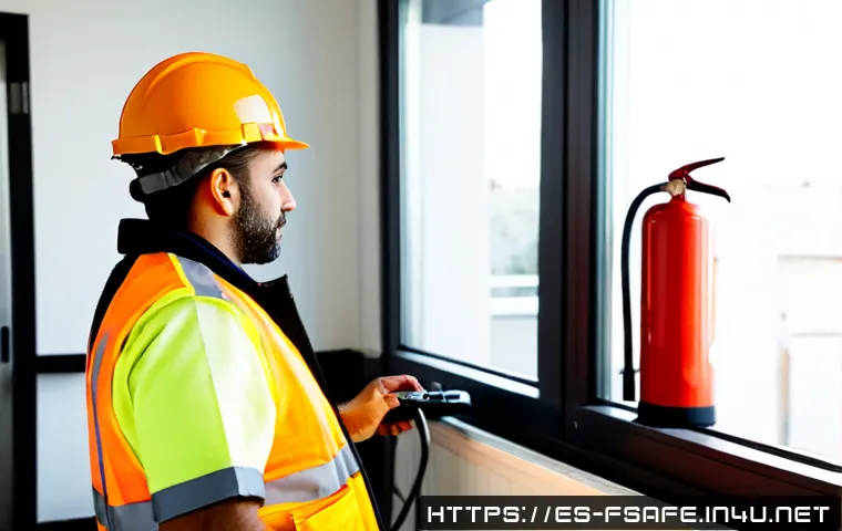 Home 17 소방안전관리사와 함께 취득하면 좋은 자격증 - Photorealistic Spanish fire safety professional in a modern commercial building, wearing a clean hig...