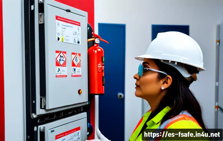 Home 17 소방안전관리사와 전기 설비 안전 점검 - Photorealistic Spanish fire safety manager in a clean commercial building utility room, wearing a ha...