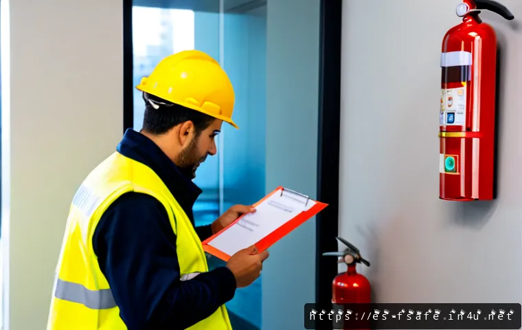 Home 17 소방안전관리사와 비상대응 매뉴얼 - Photorealistic fire safety manager in a modern Spanish office building, wearing a neat high-visibili...